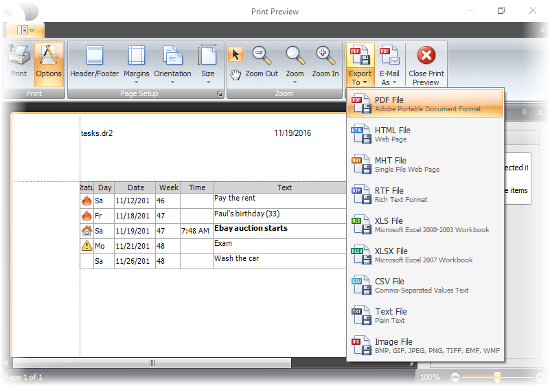 Task printing and exporting