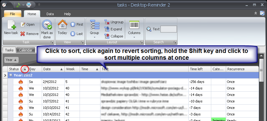 how to sort columns in desktop reminder